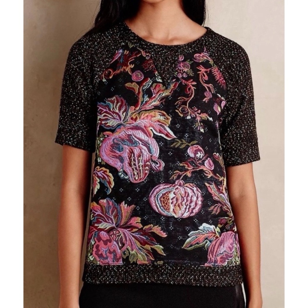 Anthropologie James Coviello Floral Brocade Metallic Knit Top Size Small